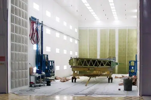 Aircraft wing inside a GFS aerospace parts booth